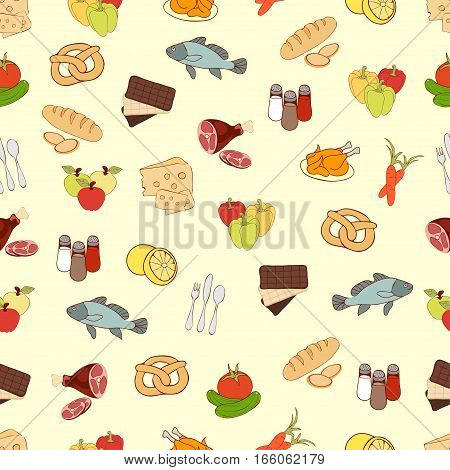 Food Vector Background, Seamless Pattern. Drawn Cartoon Multicolored Foodstuffs On A Yellow . For Th