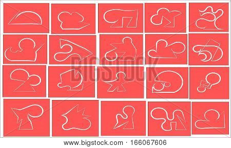 twenty pieces of symbols white people and animals drawn and placed in the pink squares, one pen drawing style