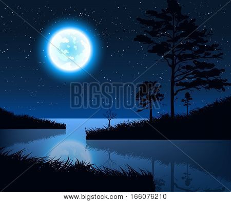 Stock vector illustration of night landscape with starry sky and full moon on a background of silhouettes of trees with reflection in the lake water for banner, website, printed materials, cards