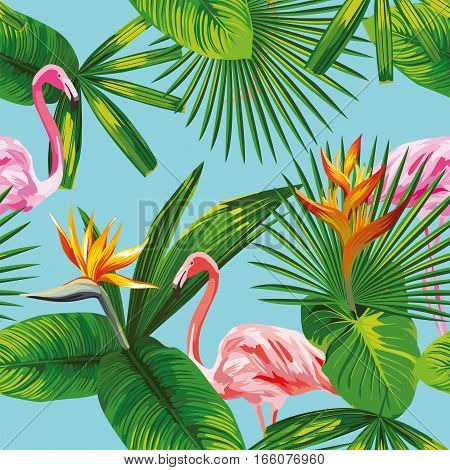 Seamless composition of beautiful pink flamingo birds tropical plants and flowers on a sky blue background. Vector illustration pattern wallpaper