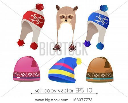 Vector set of fancy realistic winter earflap hat, star style, racoon style and ear style ski hat. Poster banner print advertisement infographics design element
