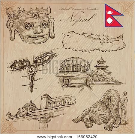 Travel NEPAL. Pictures of Life. Vector hand drawn collection. Drawing pack of line art illustrations. Set of freehand sketches outlines. Traveling around Federal Democratic Republic of Nepal.
