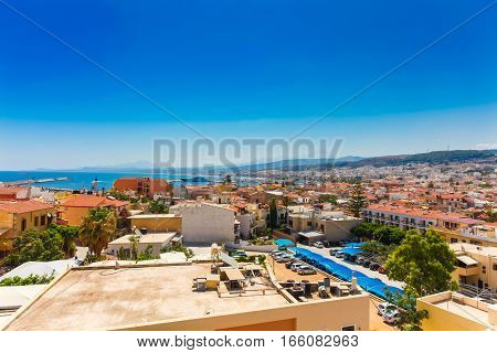 Rethymnon Island Crete Greece - June 23 2016:Panorama of city Rethymnon and sea of Crete. View from wall of Fortezza Castle