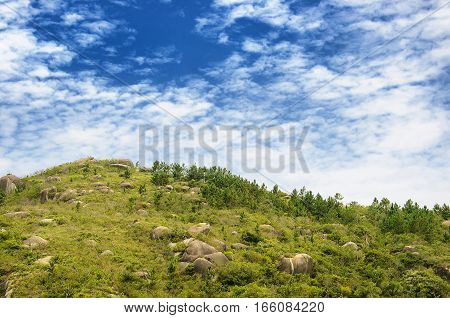 Mountain peak with several large rocks on the ground amidst green vegetation. Wonderful view with a deep blue background