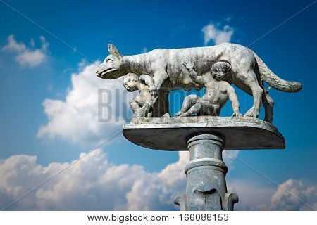 Lupa Senese (she-wolf of Siena) with Senio and Ascanio sons of Remo founders of the city. Marble statue symbol of the city of Siena