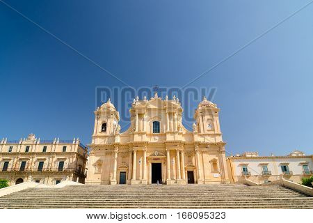 Noto, Italy - September 14, 2015: Noto Cathedral, La Chiesa Madre di San Nicolo is a Roman Catholic cathedral in Noto in Sicily, Italy. Built in the style of the Sicilian Baroque