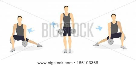 Legs exercise for men on white background. Healthy lifestyle. Crossfit and fitness. Side lunges with dumbbels.