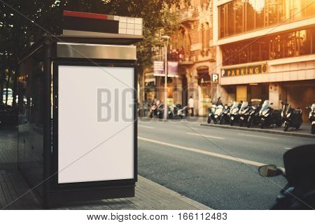 City bus stop with empty mock up banner for your advertising blank billboard with copy space area for your text message or promotional content public information board next to road