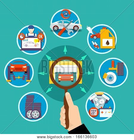 Auto service circle design concept with suspension bracket battery wheels tools for repair decorative icons flat vector illustration