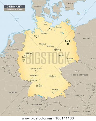 Germany map overview with streets and cities including neighbour states illustration