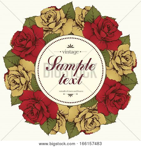 Vintage Round Frame Of Rose Flower, Flower Garland. Wreath Of Flowers Buds And Leaves, And Label For