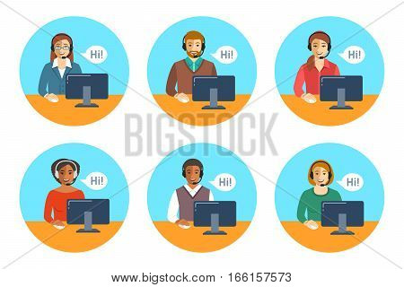 Call center agents team. Flat vector round icons. Customer care operators guys and girls with smiling faces sitting at desks with computers. Online support service assistants with headphones