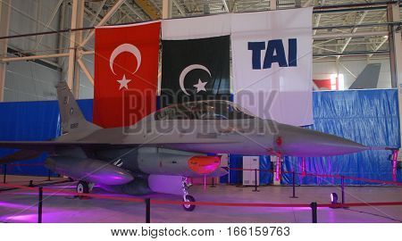 ANKARA, TURKEY - SEPTEMBER 2: F-16 Fighting Falcon aircraft at the TAI's Aircraft Hangar during the 