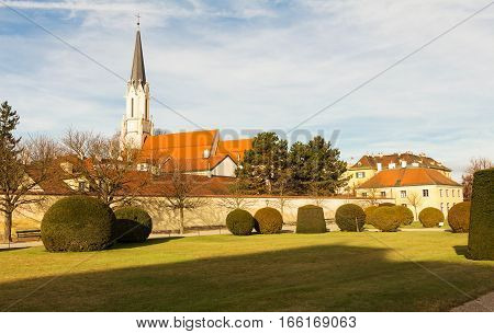The Catholic parish church Maria Hietzing view from the Schonbrunn garden Vienna Austria.