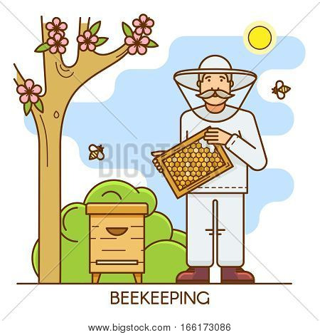 Man is dressed in a protective suit and holds a honeycomb of honey in his hands.
