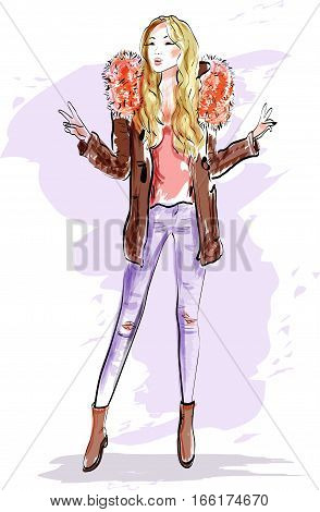 Cute blonde hair girl in fashion clothes. Sketch woman. Vector illustration.