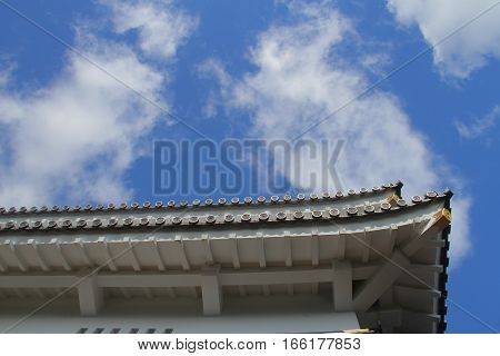Roof of castle with trees and blue sky background