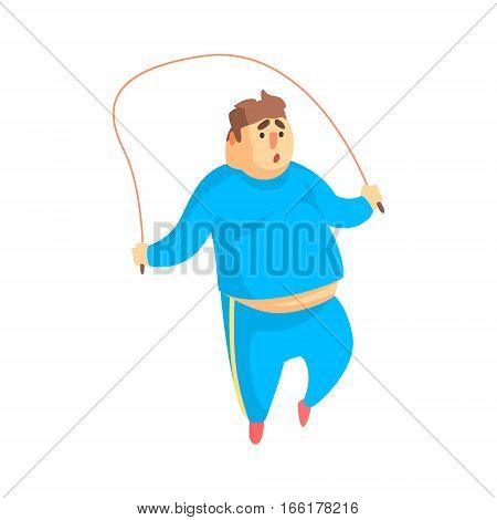Funny Chubby Man Character Doing Gym Workout Jumping On Skipping Rope Illustration. Sport And Fat Guy Funny Simple Cartoon Drawing Isolated On White Background.