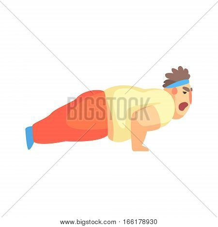 Funny Chubby Man Character Doing Push Ups At Gym Workout Illustration. Sport And Fat Guy Funny Simple Cartoon Drawing Isolated On White Background.