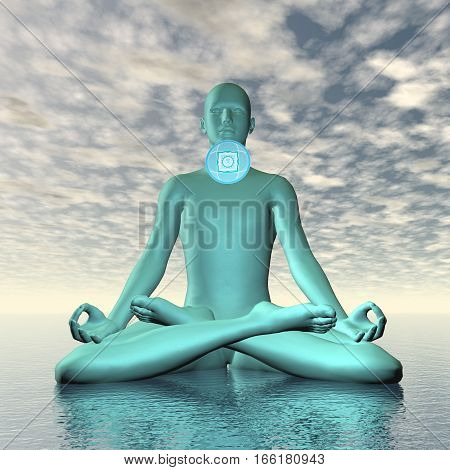 Silhouette of a man meditating with blue vishuddhi, vishuddha or throat chakra symbol upon ocean in cloudy background - 3D render