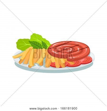 Sausage Roll, Fries And Tomato, Oktoberfest Grill Food Plate Illustration. Beer Festival Classic Bbq Food Isolated Menu Item On White Background.