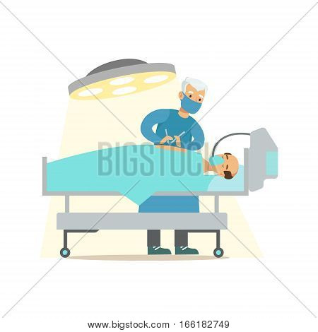 Surgeon Operating On Unconcious Patient In Surgery Room, Hospital And Healthcare Illustration. Scene In Public Medical Institution Flat Vector Illustration With Cartoon Characters.