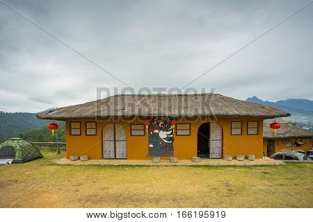 MAE HONG SON, THAILAND - JAN 2, 2017: Chinese style house at the viewpoint at YUN LAI viewpoint, Thailand on January 2, 2017, in MAE HONG SON, THAILAND