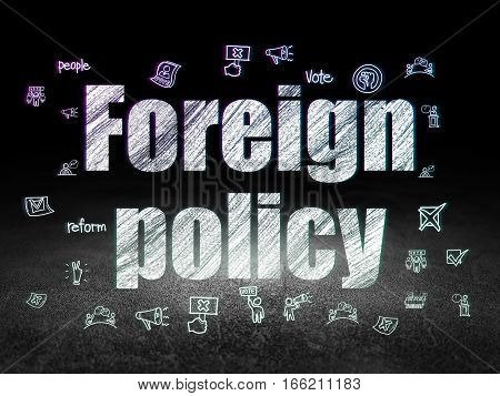 Politics concept: Glowing text Foreign Policy,  Hand Drawn Politics Icons in grunge dark room with Dirty Floor, black background