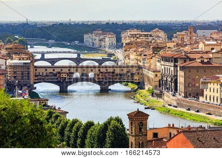 Viev Of The Ponte Vecchio In Florence On July 16, 2016. Florence Is The Capitol City Of The Tuscany