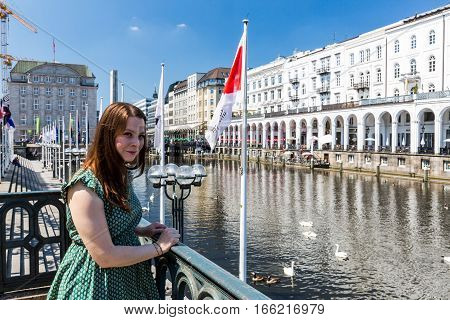 Girl In Front Of Lake Kleine Alster In The City Center Of Hamburg, Germany