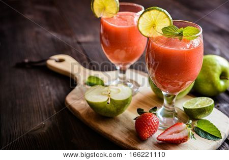 Fresh Organic Smoothie With Apple, Strawberry And Lime