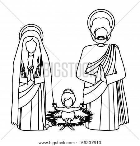 silhouette sacred family with baby jesus kneel vector illustration