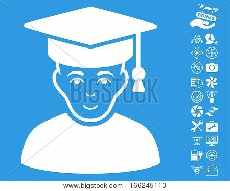 Professor icon with bonus drone tools graphic icons. Vector illustration style is flat iconic white symbols on blue background.