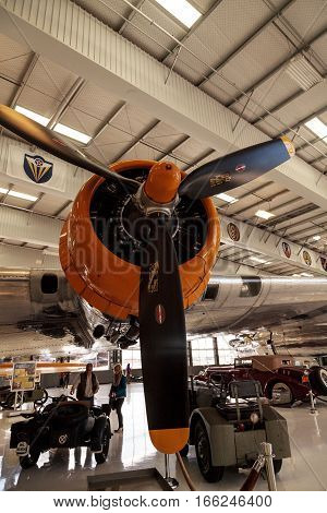 Santa Ana CA USA - January 21 2017: Boeing B-17 Flying Fortress airplane called the Fuddy Duddy displayed at the Lyon Air Museum in El Santa Ana California United States. It was used as VIP transportation during World War II. Editorial use only.