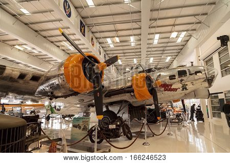 Santa Ana CA USA - January 21 2017: Boeing B-17 Flying Fortress airplane called the Fuddy Duddy displayed at the Lyon Air Museum in El Santa Ana California United States. It was used as VIP transportation during World War II. Editorial use only.