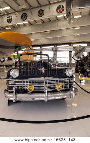 Santa Ana CA USA - January 21 2017: Woodie 1946 Chrysler Town and Country Convertible displayed at the Lyon Air Museum in Santa Ana California United States. It was used during World War II. Editorial use only.