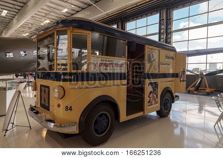 Santa Ana CA USA - January 21 2017: Yellow 1940s Divco Helms Bakery Truck displayed at the Lyon Air Museum in Santa Ana California United States. It was used during World War II. Editorial use only.