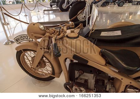 Santa Ana CA USA - January 21 2017: Tan Zundapp motorcycle displayed at the Lyon Air Museum in Santa Ana California United States. It was used during World War II. Editorial use only.