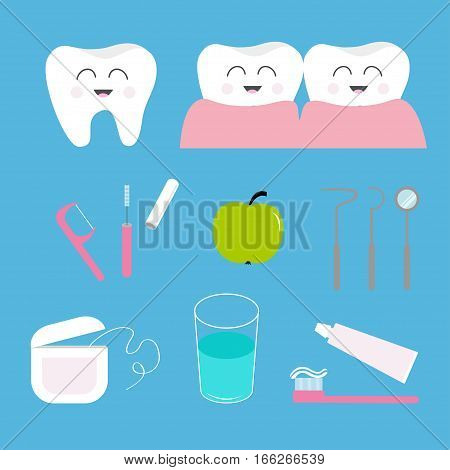 Tooth health icon set. Toothpaste toothbrush dental tools instruments thread floss mirror brush water. Children teeth care. Oral hygiene Baby background Flat design Vector