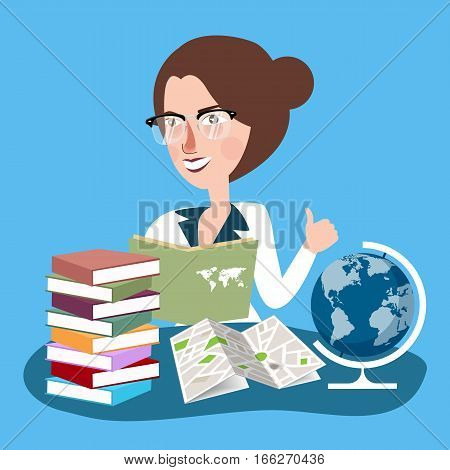 teacher woman with glasses read books with globe in desk learn geography vector
