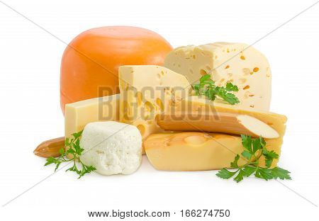 Several different pieces of semi-hard cheese and soft cheese various types and twigs of parsley on a light background