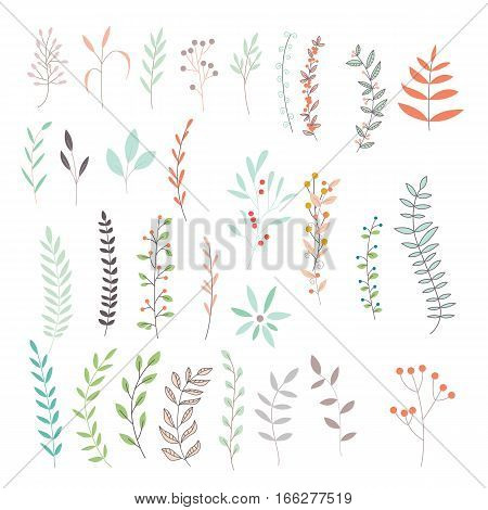 Collection set of floral leaves and flowers doodle illustration simple line ornaments vector