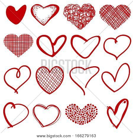 Vintage outline hand drawn sketchy vector hearts. Form heart with pattern lattice, scribble stylized romantic hearts collection illutstration