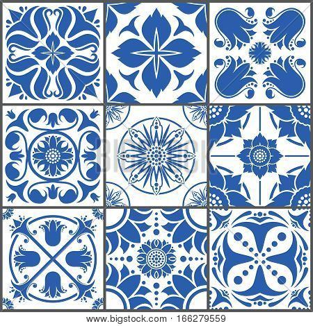 Vintage ceramic tiles vector illustration. Floor seamless design texture set. Tiles traditional mosaic, texture decoration tile pattern