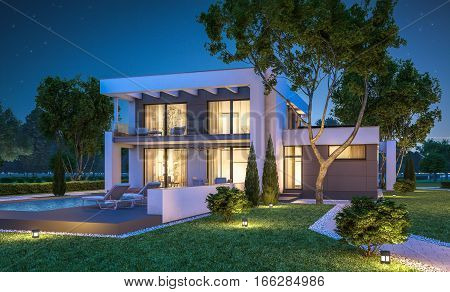 3d rendering of modern cozy house with garage for sale or rent with many grass on lawn. Clear summer night with stars on the sky. Cozy warm light from window