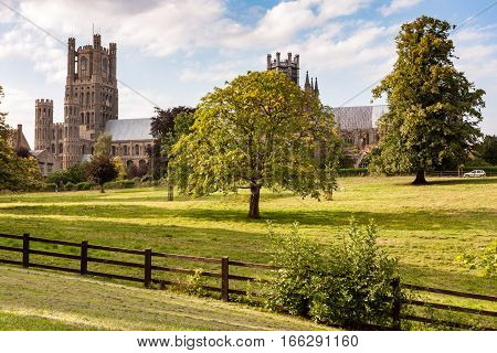 The medieval Ely cathedral in the East Anglian city of Ely Cambridgeshire UK also known as the Ship of the Fens.