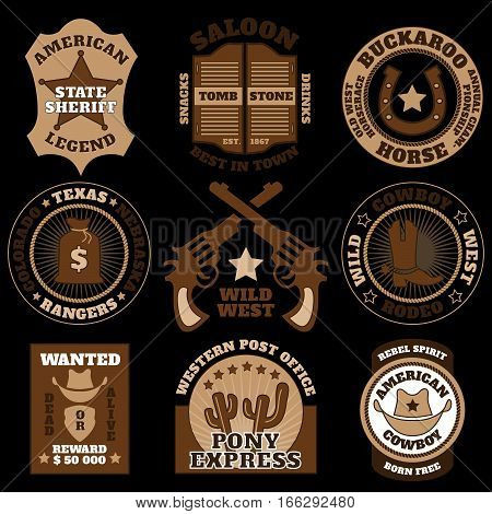 Vintage wild west badges on black background vector illustration