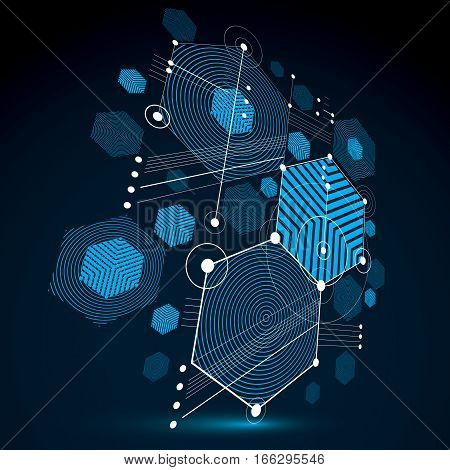 Bauhaus art 3d modular blue vector backdrop made using hexagons and circles. Retro style pattern perspective graphic backdrop for use as booklet cover template. Engineering system.