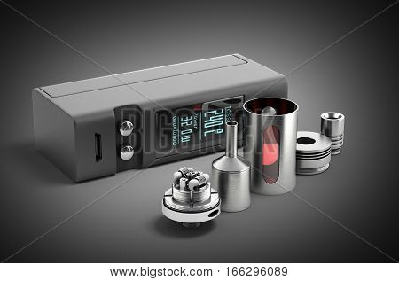 Electronic Cigaretts Device Box Mod To Smokeless Smoking 3D Render On Black Gradient