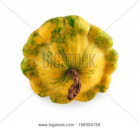 Yellow pattypan squash isolated on white background. Sort of courgette cucurbit top view